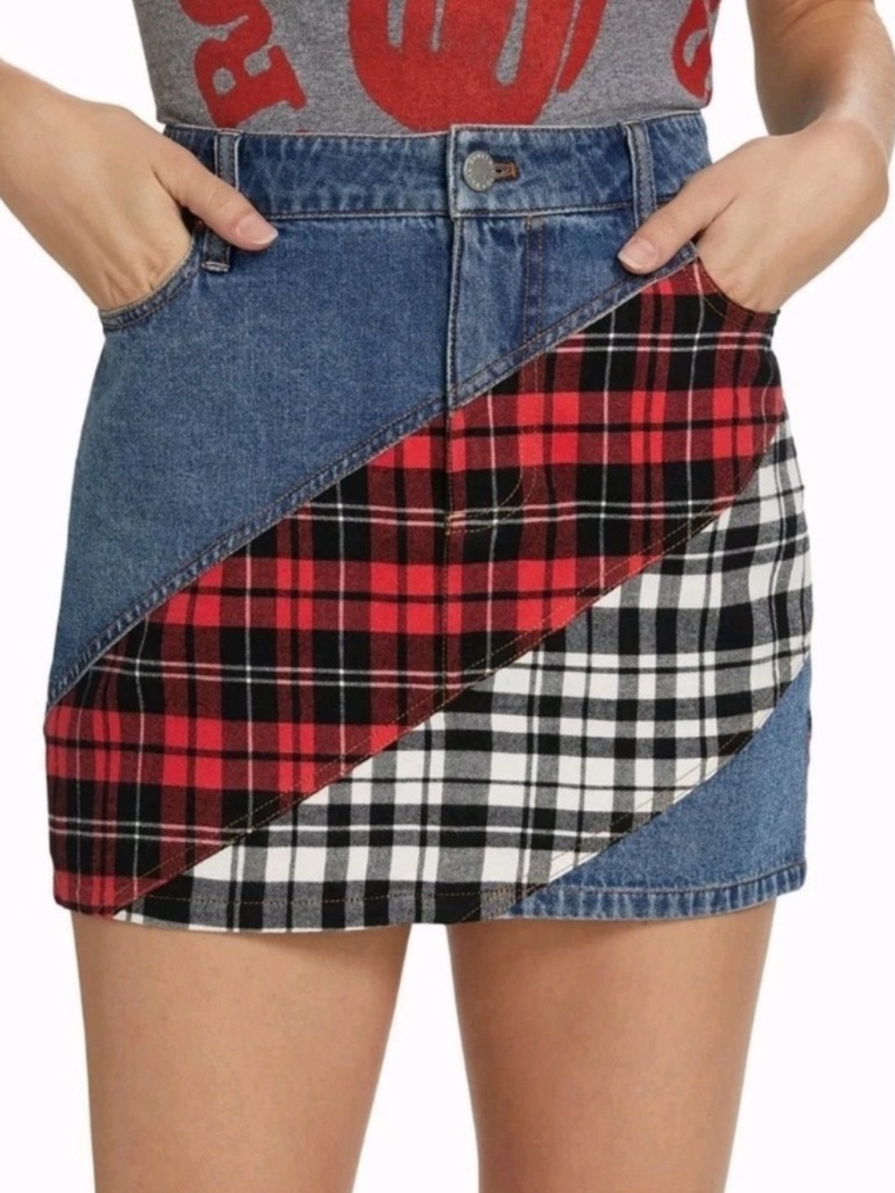 Denim Mini Skirt with Red and Black Plaid. Lisanne Spiral Denim Mini Skirt